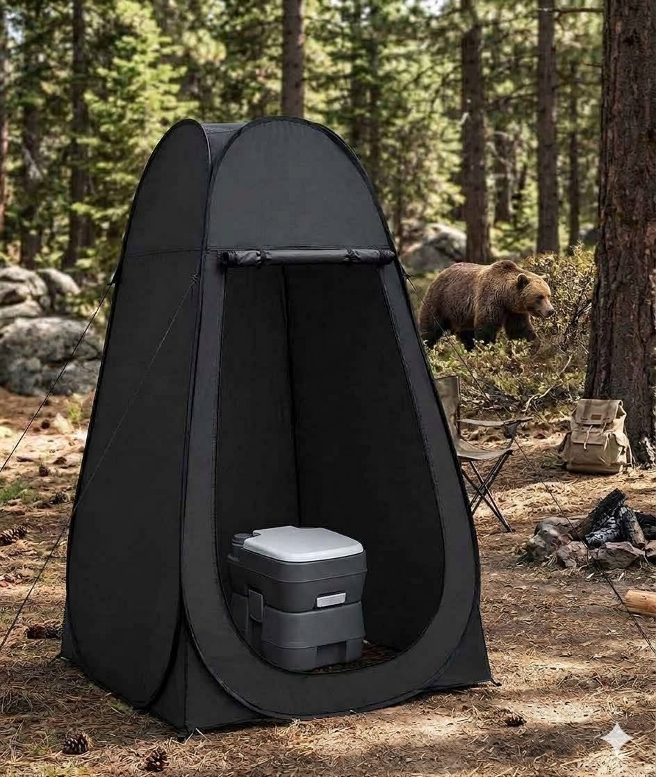 backpack with mini tent portable toilet Kit, Camping Toilet Pop-Up Privacy and Poo Gel Toilet Bags, Washable Portable Outdoor Showers Changing Rooms : Sports & Outdoors and features a mesh strip for ventilation Dextrus 5.28 Gallon Portable Toilets