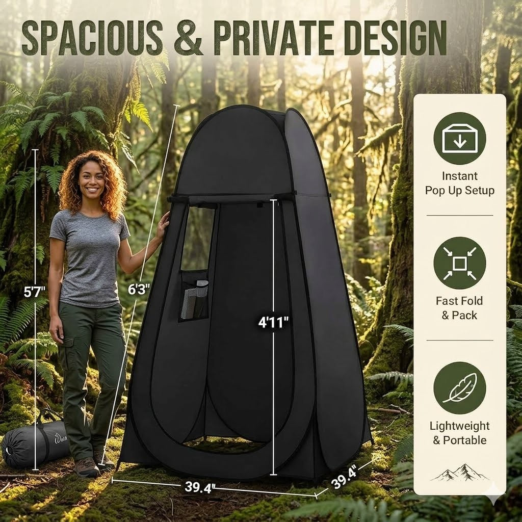 Black pop-up tent with measurements in a forest setting, featuring text on its benefits. big green bear