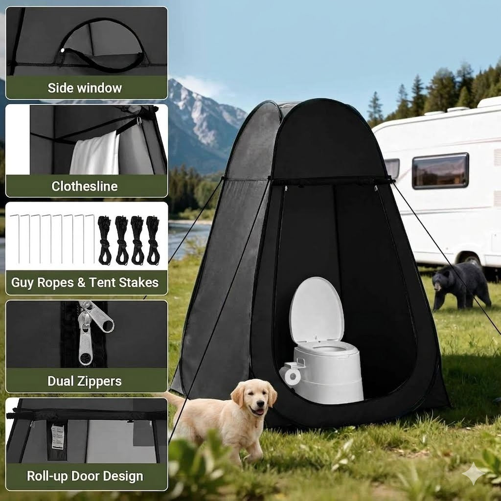 Portable outdoor toilet with features highlighted and a scenic background.