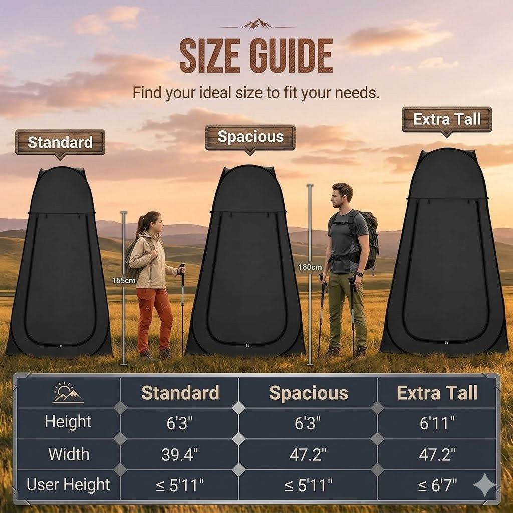 Size guide for portable shower tents with people and measurements against a scenic background
