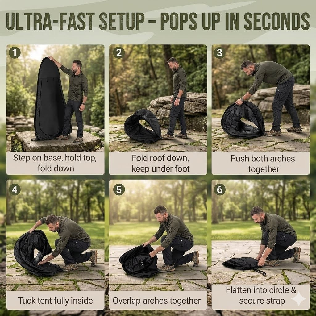 Step-by-step guide on setting up a tent with text indicating ultra-fast setup.