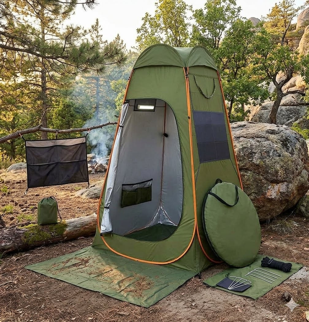 Green camping shower tent set up in a forest with trees and rocks in the background.