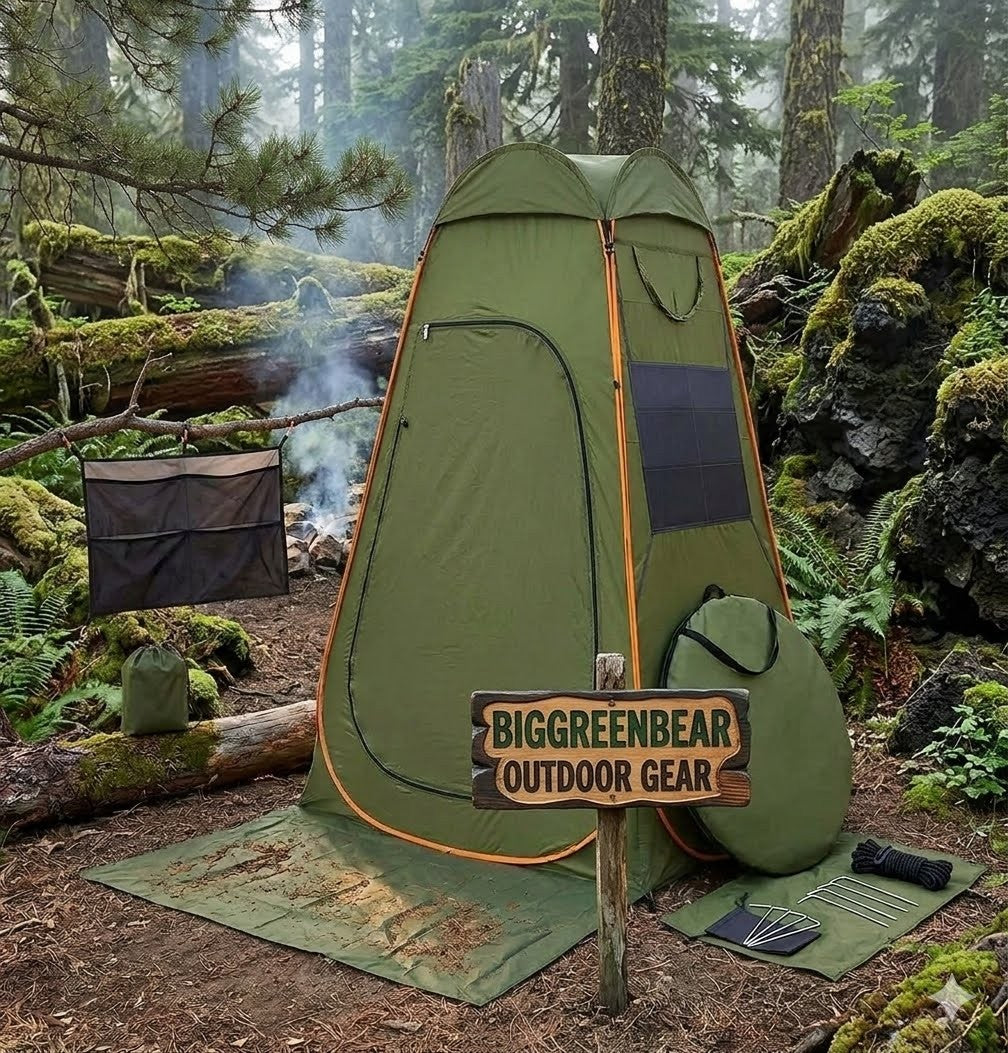 Green pop-up tent in a forest setting with 'BIGGREENBEAR Outdoor Gear' sign.