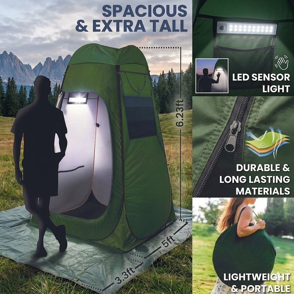 Portable shower tent with LED sensor light, durable materials, and extra height features.