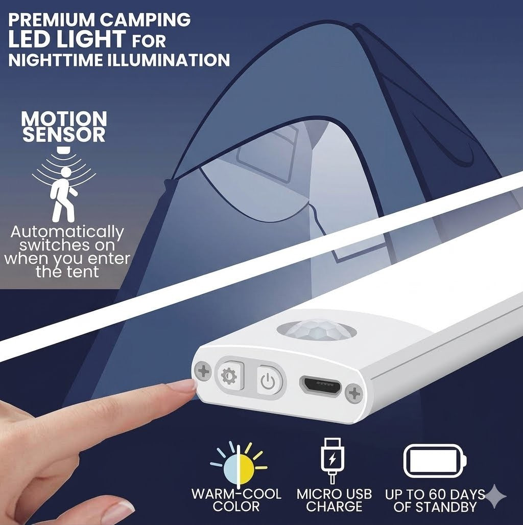 Camping LED light with motion sensor for nighttime illumination, shown with a tent in the background.