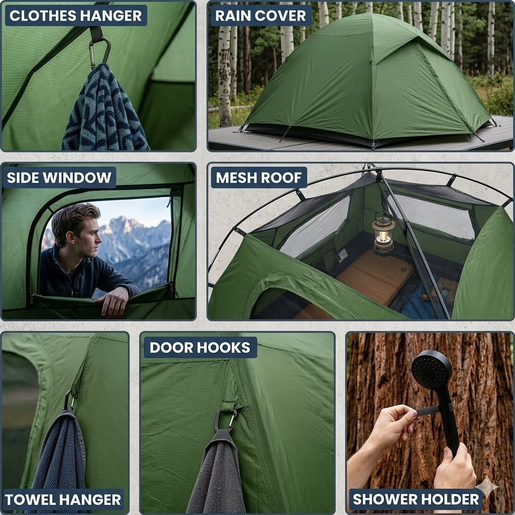 Collage of features of a green camping tent with labels.