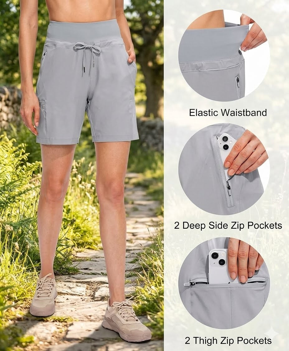 Gray shorts with multiple pockets and an elastic waistband, worn outdoors.