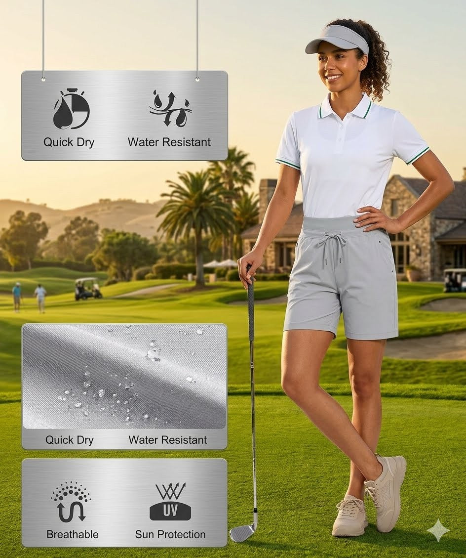 Woman on a golf course with quick dry, water resistant, breathable, and sun protection features displayed.