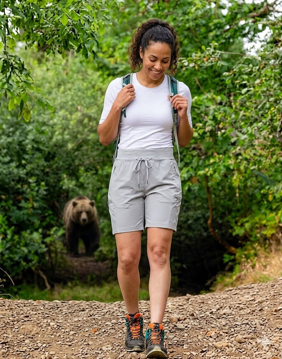 Woman hiking with a bear in the background