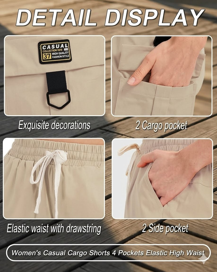Beige cargo shorts with various features highlighted on a wooden surface.