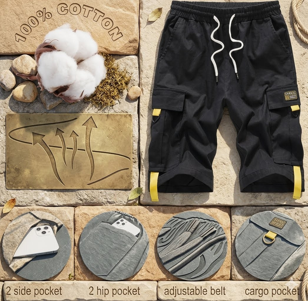 Black cargo shorts with yellow accents on a stone surface, surrounded by cotton and brand logo.