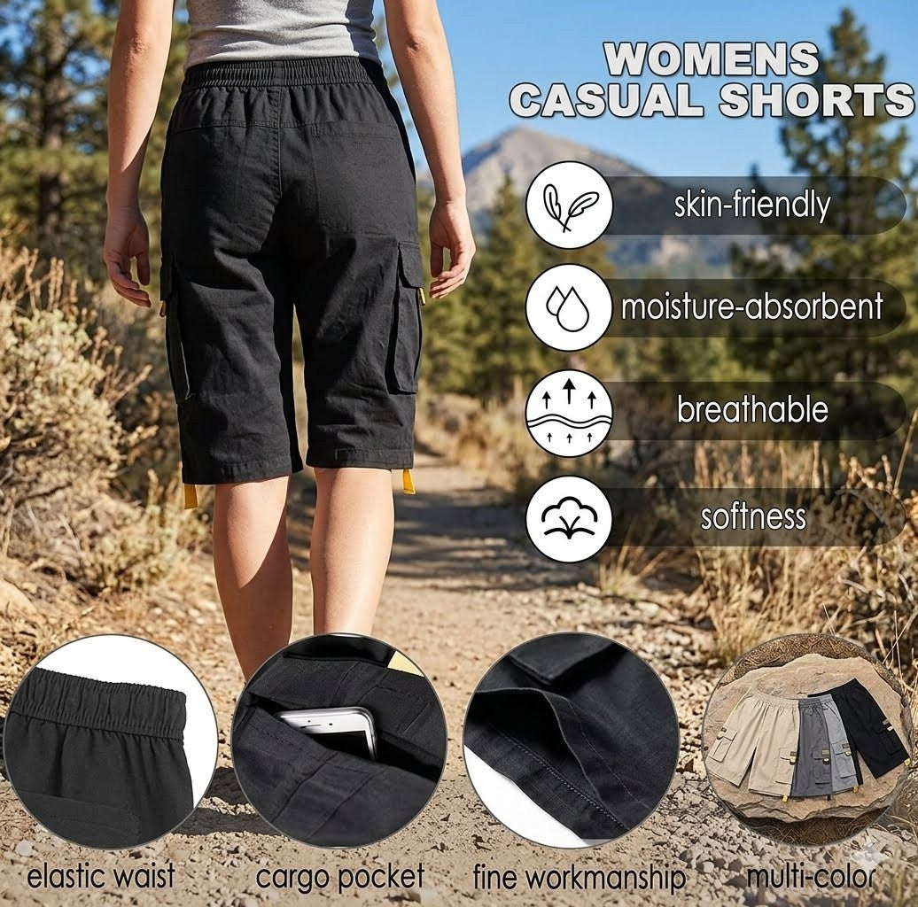 Person wearing black casual shorts with product features highlighted on a natural background