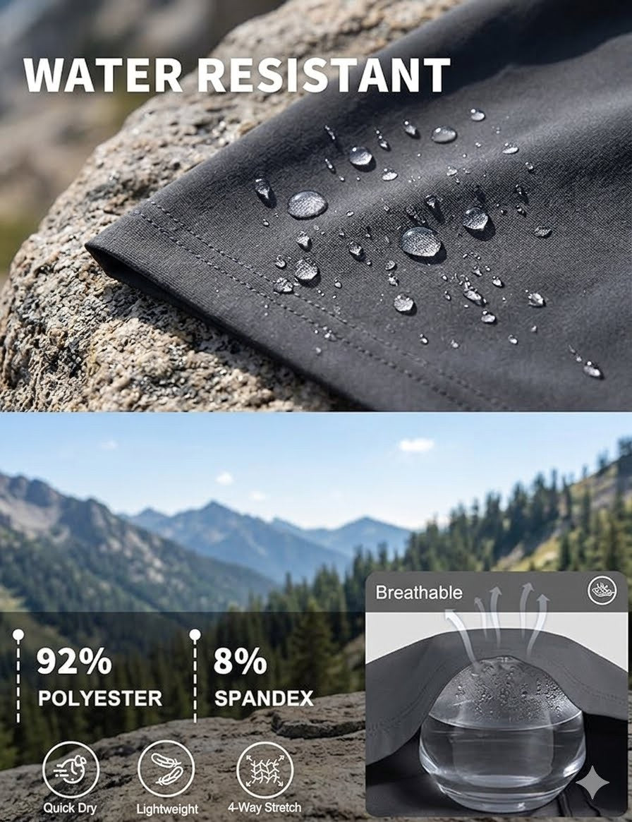 Water-resistant fabric with water droplets on a rock, mountain landscape, and fabric properties displayed.