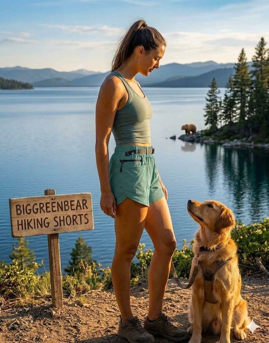 Woman in hiking shorts standing next to a dog with a scenic lake and mountains in the background.