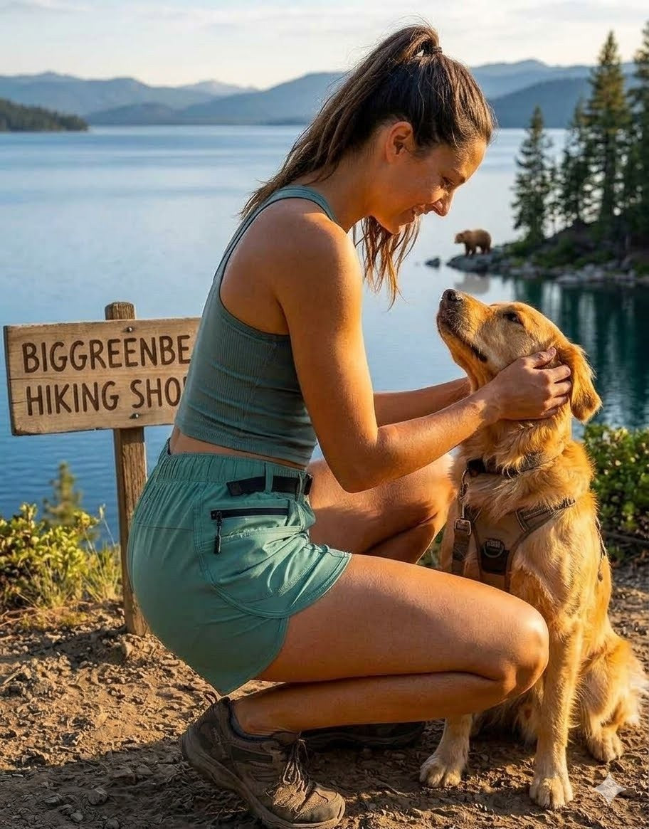 Woman petting a dog by a lake with a hiking shop sign in the background