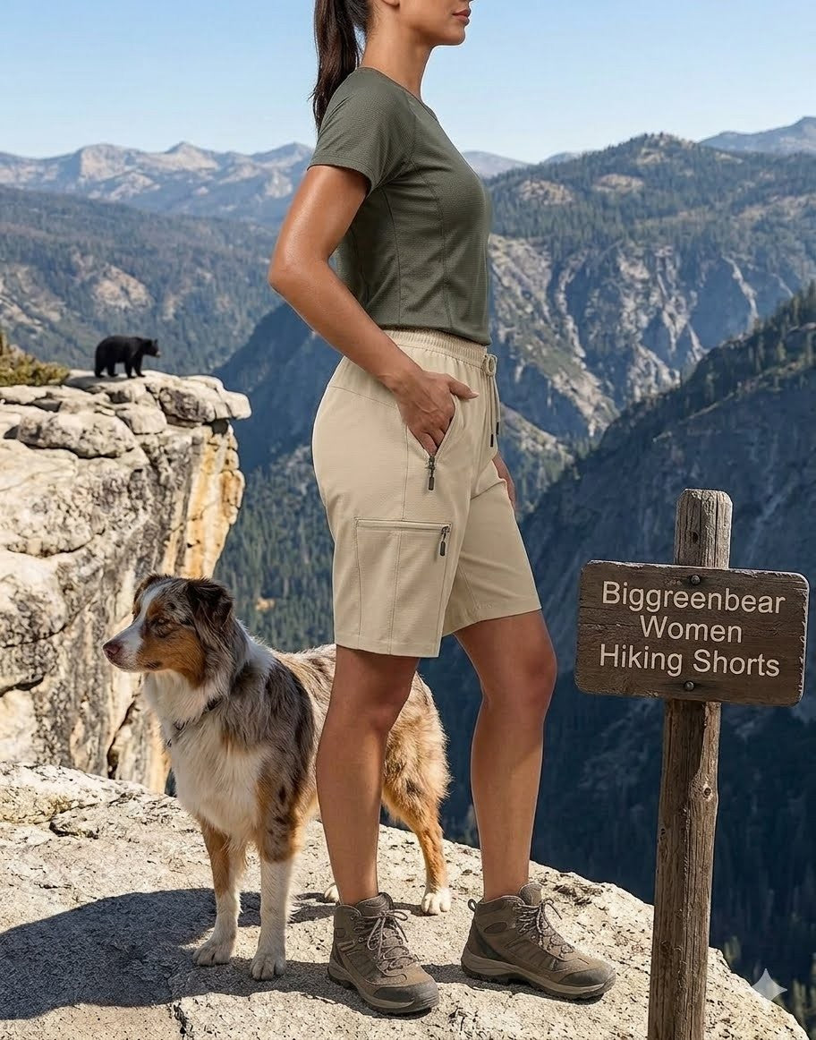 Woman and dog on a mountain with a bear in the background, near a sign for hiking shorts.