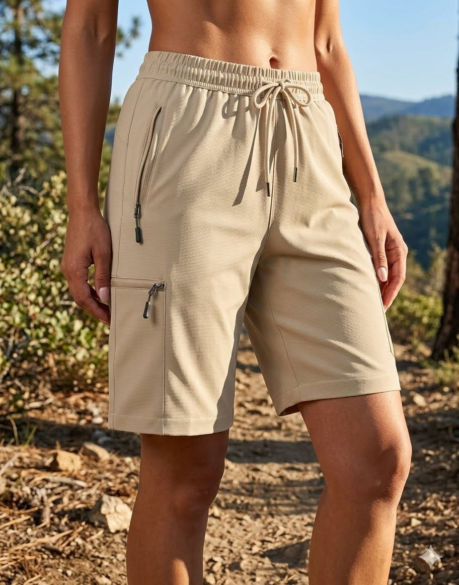 Person wearing beige shorts with zippers in a natural setting big green bear
