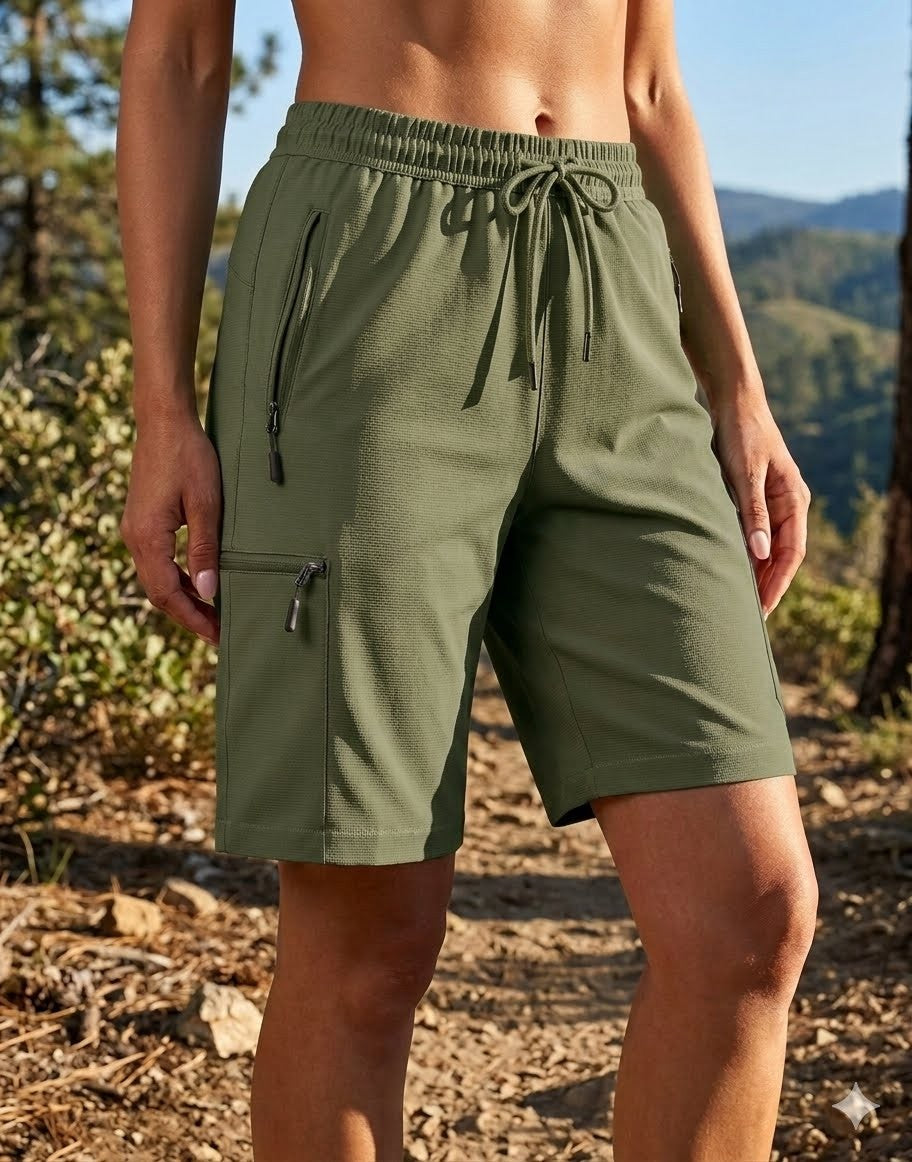Person wearing green shorts with zippers in a natural setting big green bear