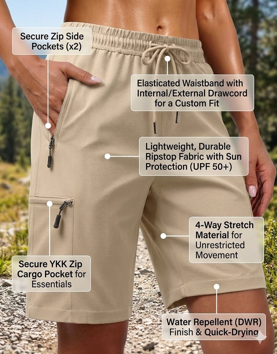 Beige shorts with various features highlighted on a natural background