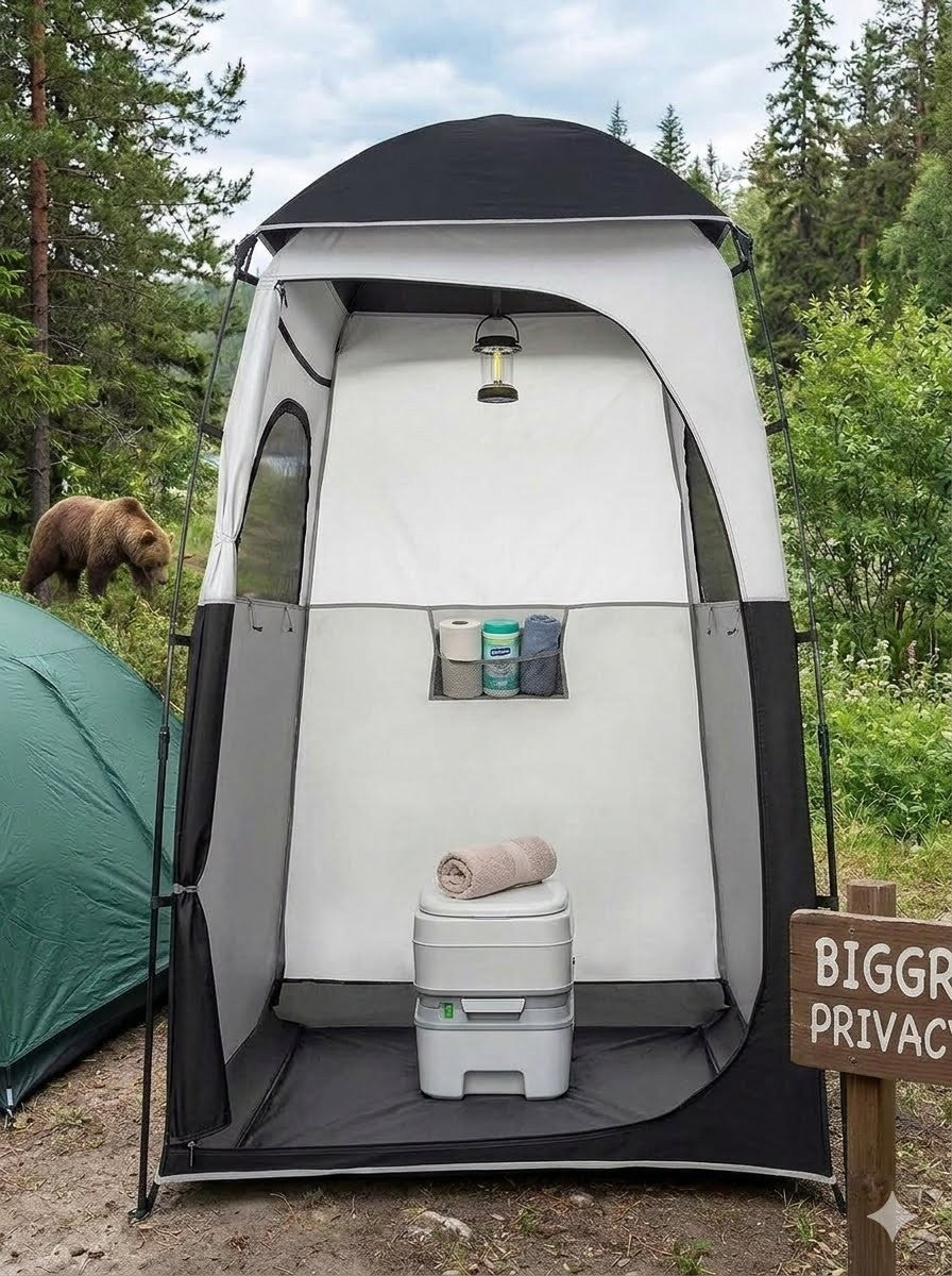 Camping shower tent with toilet and supplies in a forest setting biggreenbear.com