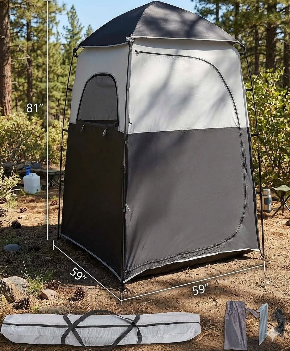 Portable shower tent with dimensions in a forest setting