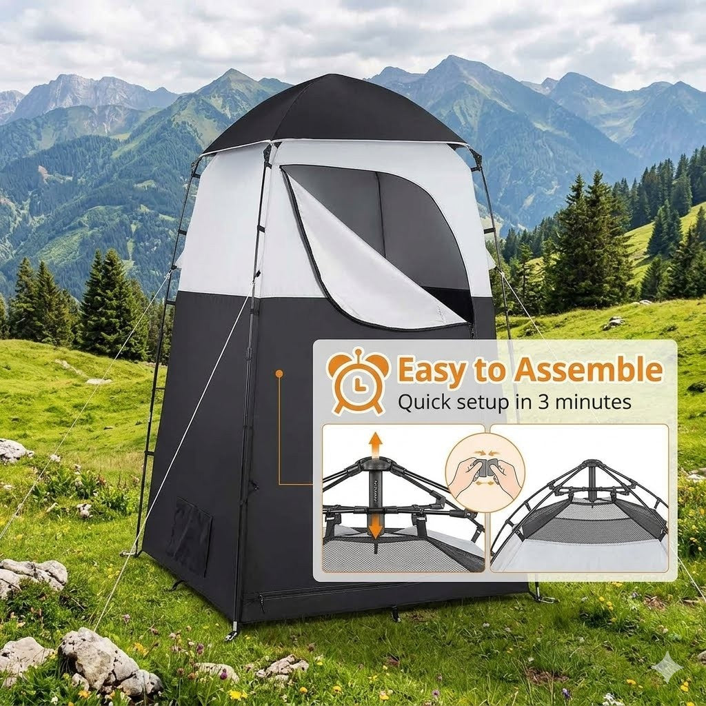 Portable shower tent with assembly instructions in a mountainous landscape