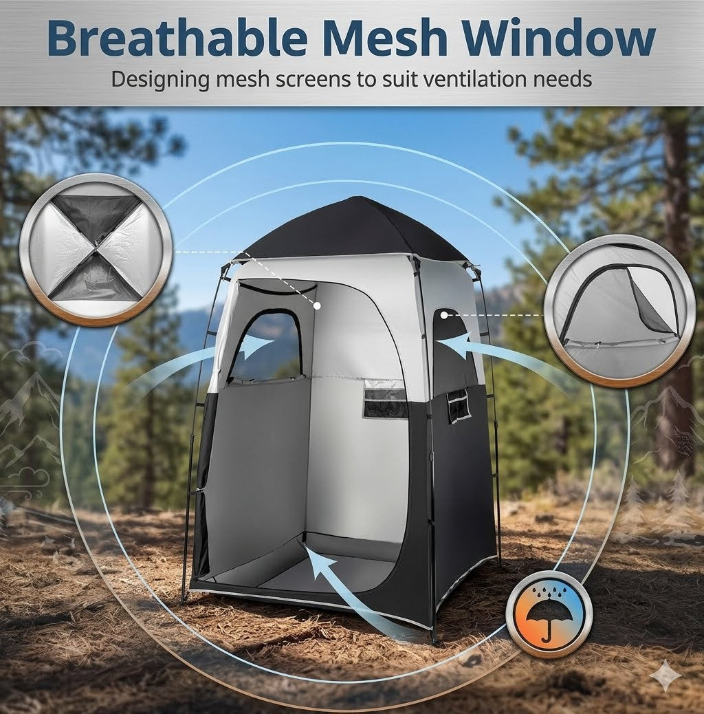 Portable shower tent with breathable mesh window design in a forest setting