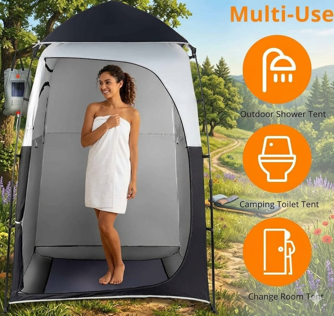 Woman standing in an outdoor shower tent with camping toilet and change room features depicted.