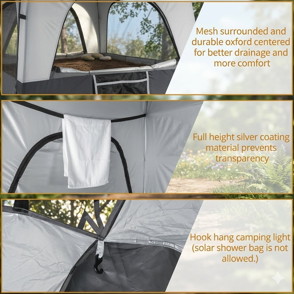 Camping tent with mesh, silver coating, and hook for hanging items.