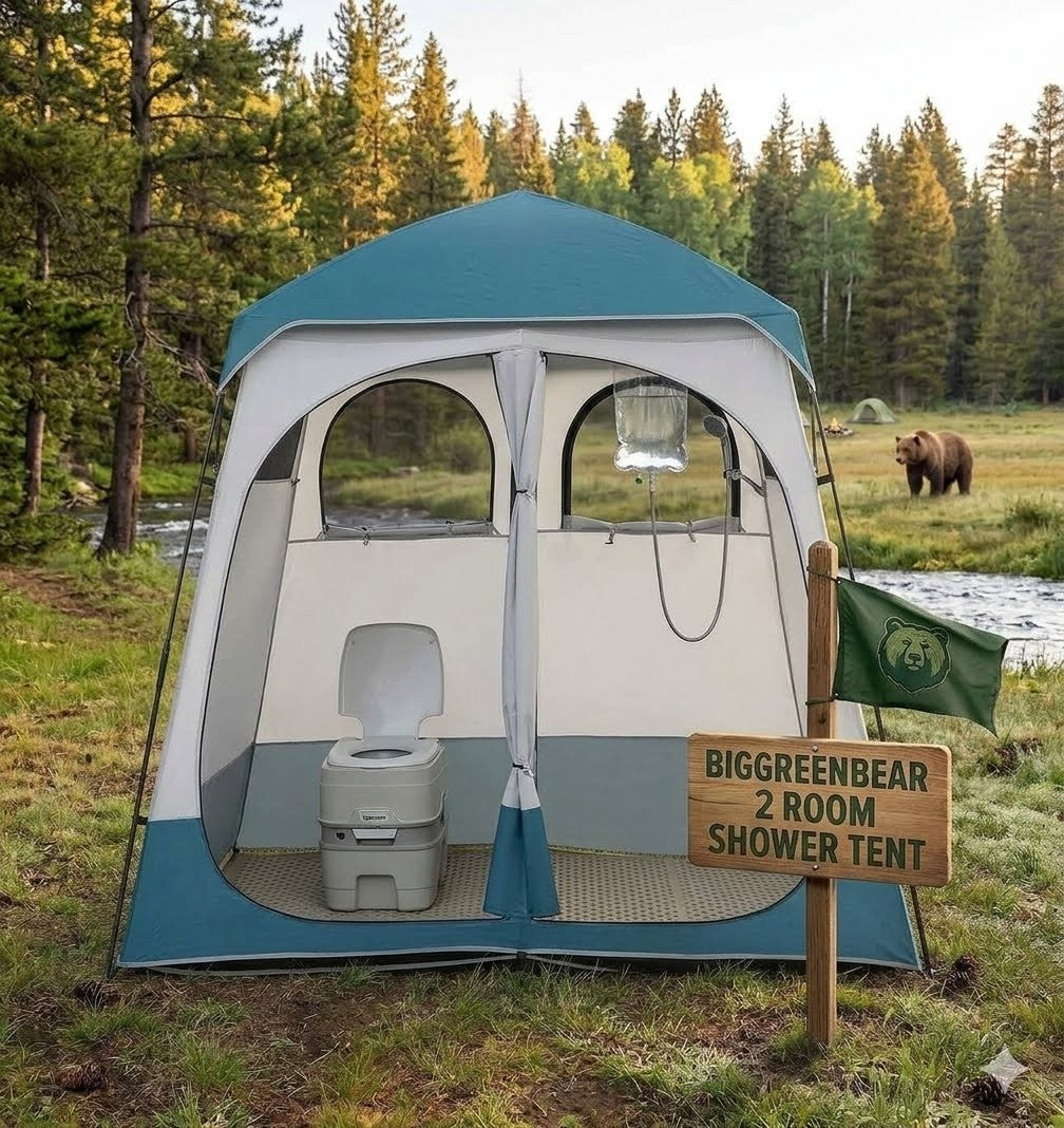 Two-room shower tent in a forest setting with a bear in the background