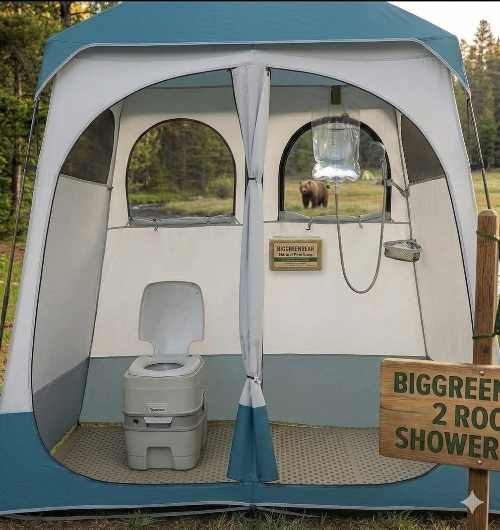 Camping shower enclosure with toilet and shower head, surrounded by nature.