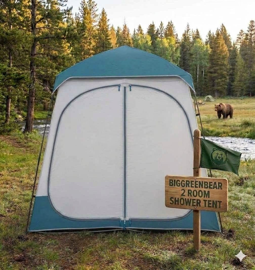 Biggreenbear 2 room shower tent in a forest setting with a bear in the background