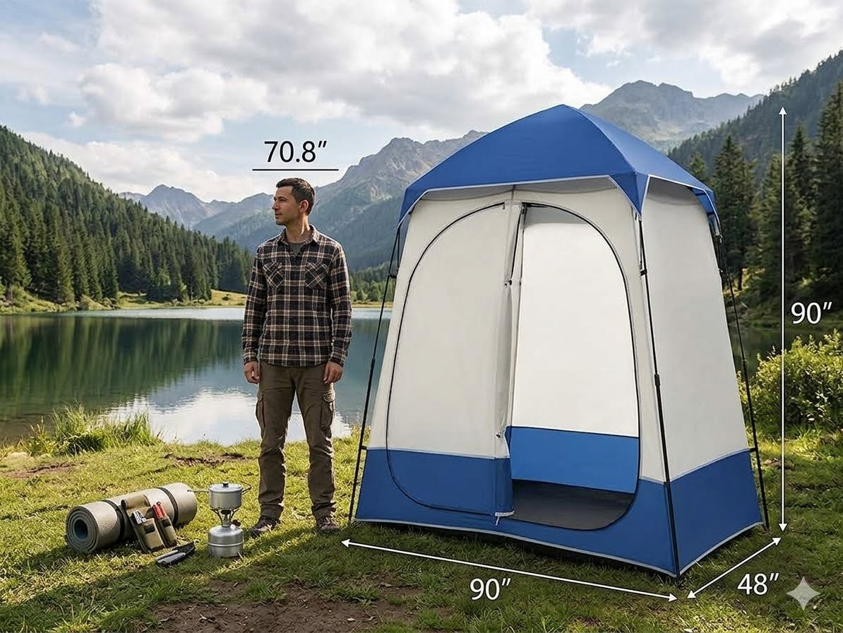 Blue and white tent with dimensions displayed, set against a scenic mountain and lake background.