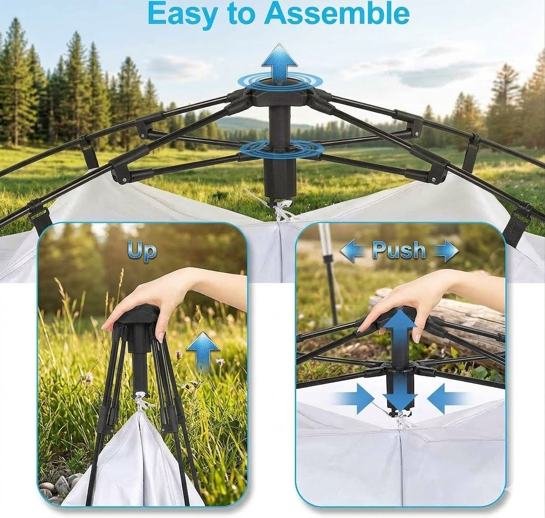 Gazebo assembly instructions with hands shown against a scenic background