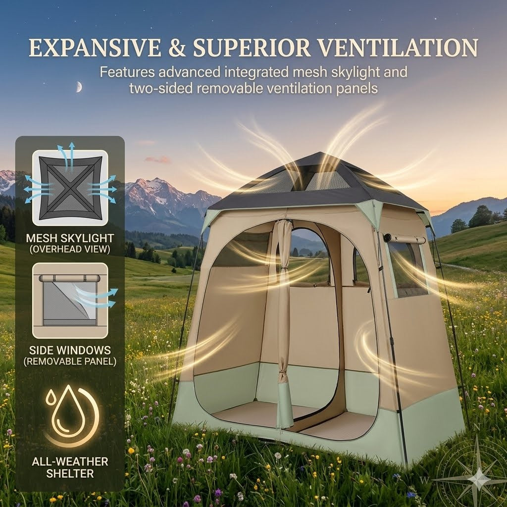 Outdoor shower tent with mesh skylight and side windows in a scenic setting