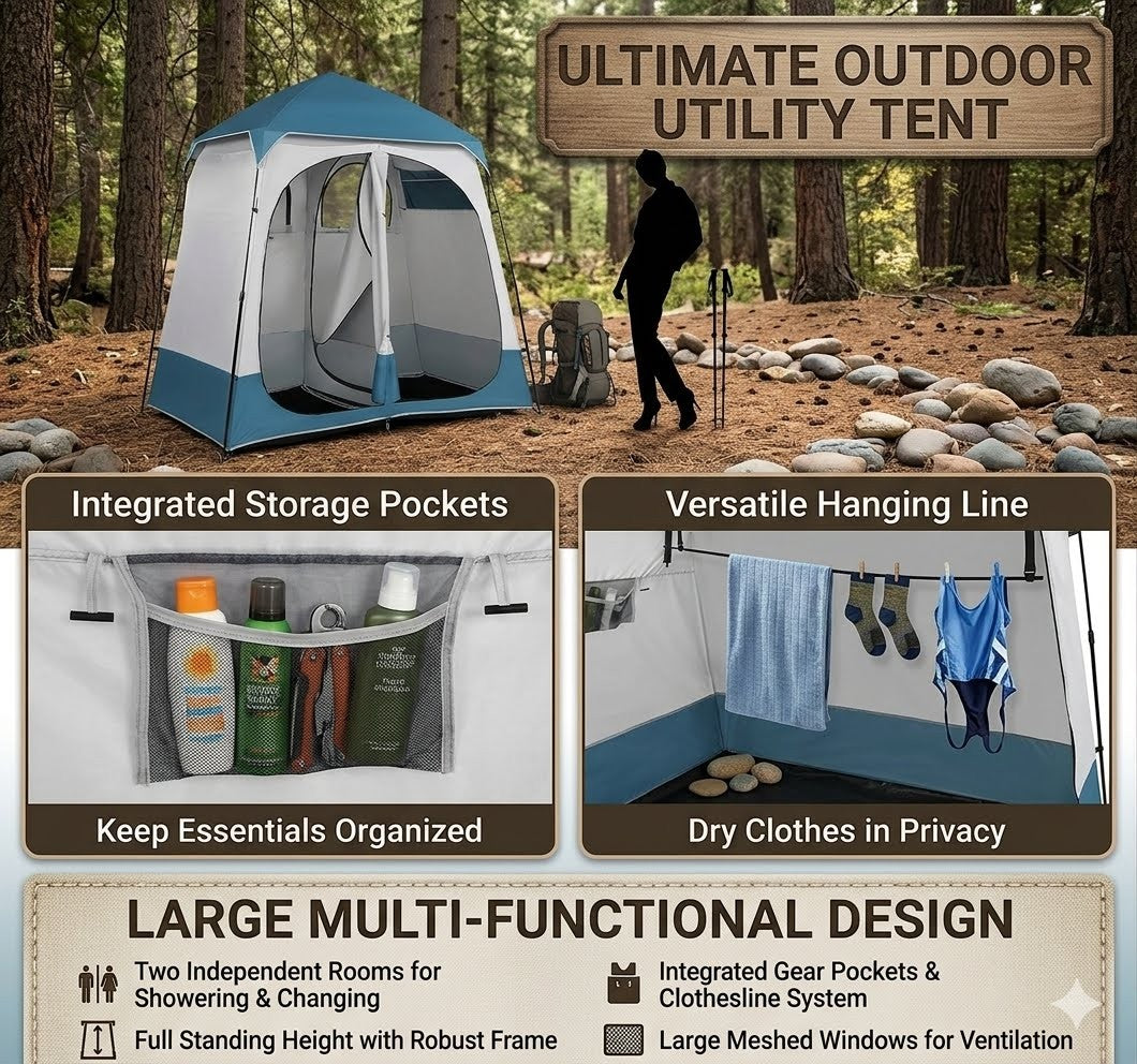 Outdoor utility tent with storage pockets and hanging line in a forest setting