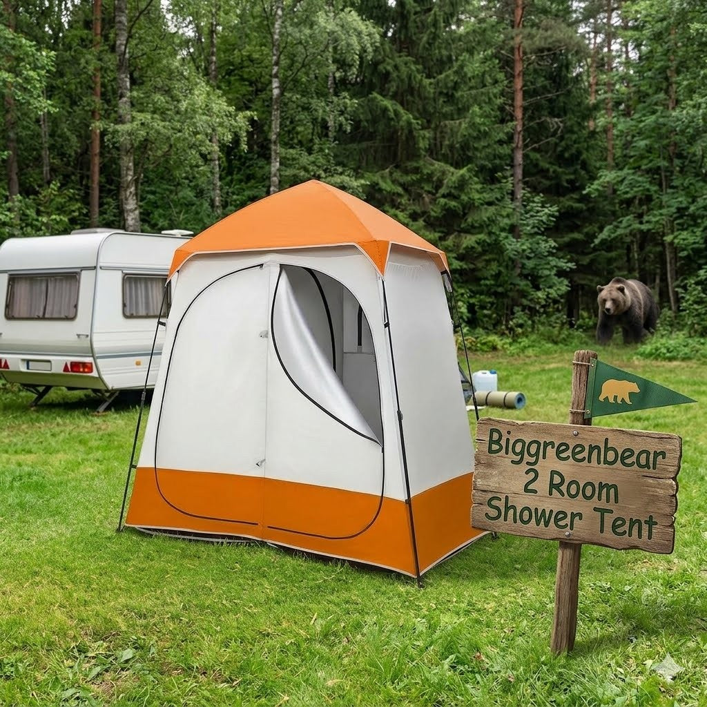 Orange and white shower tent with a bear in the background in a forest setting. big green bear