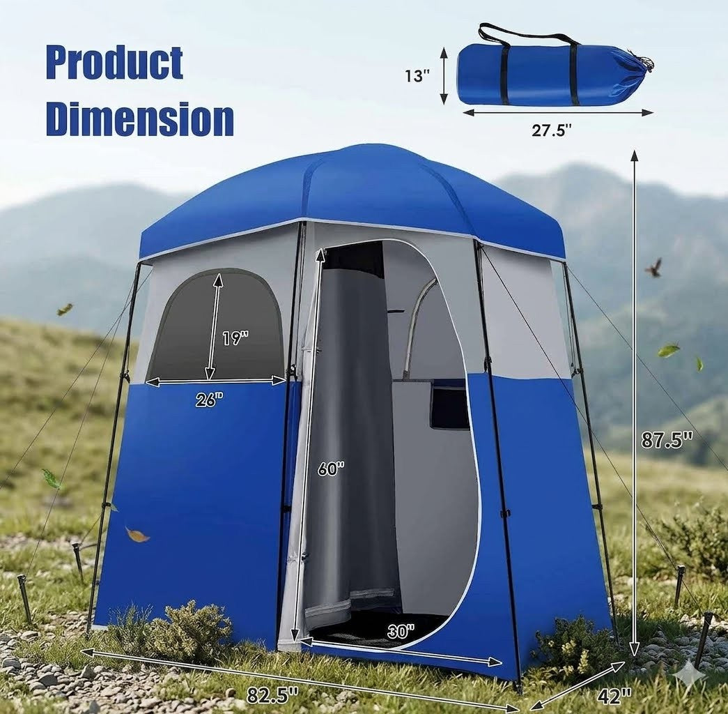 Blue and gray portable shower tent with dimensions on a natural background