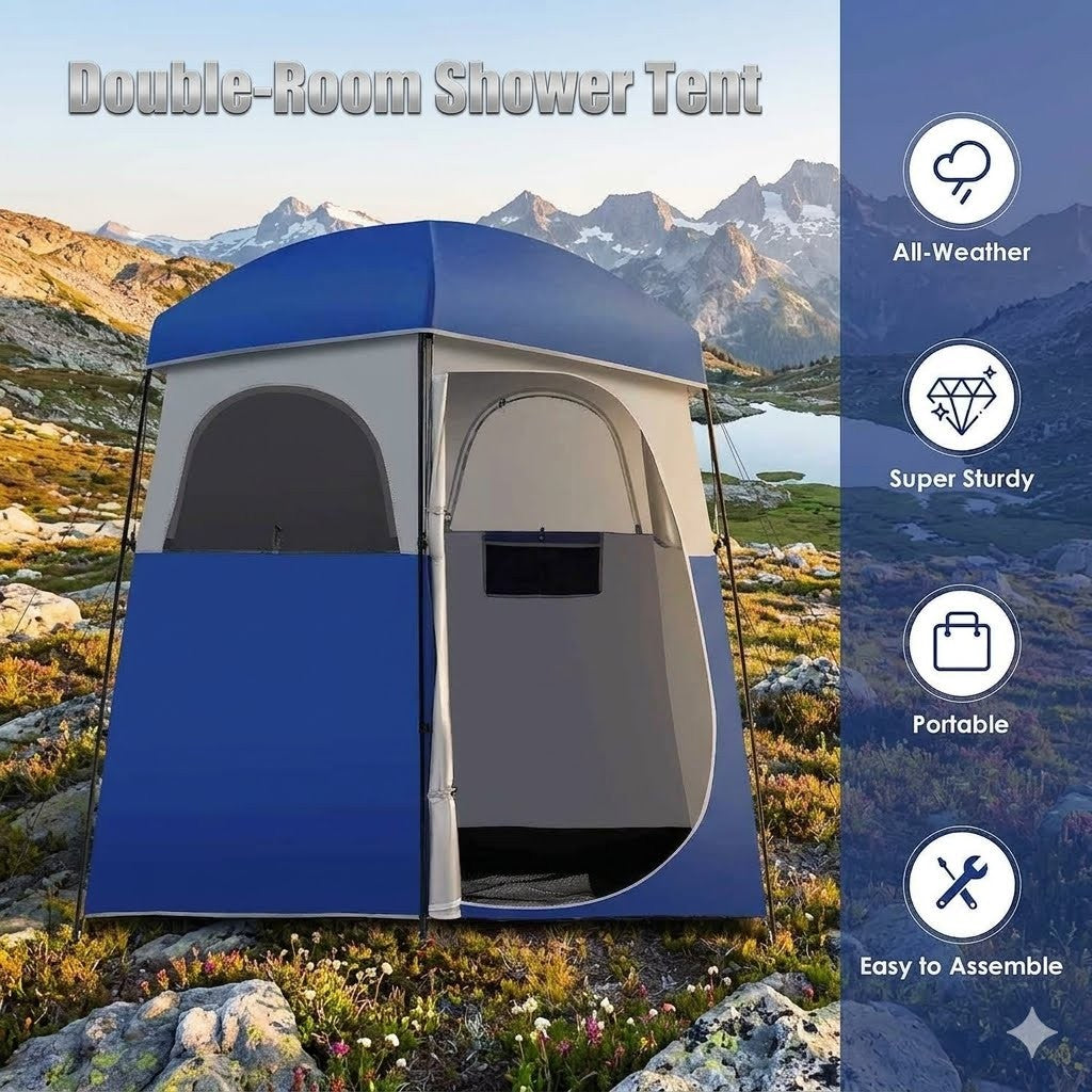 Double-room shower tent with mountainous landscape background