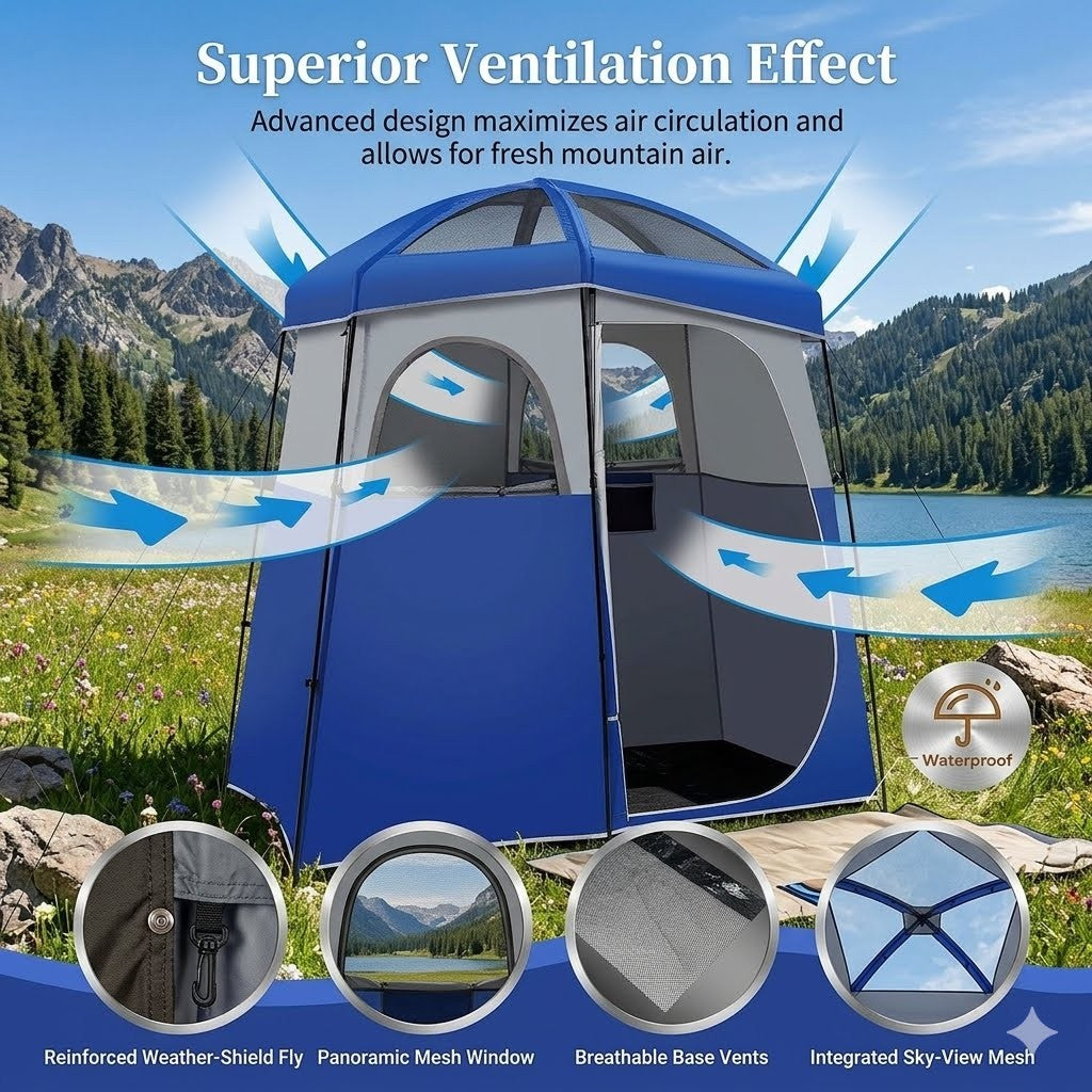 Blue camping tent with ventilation features in a mountainous landscape