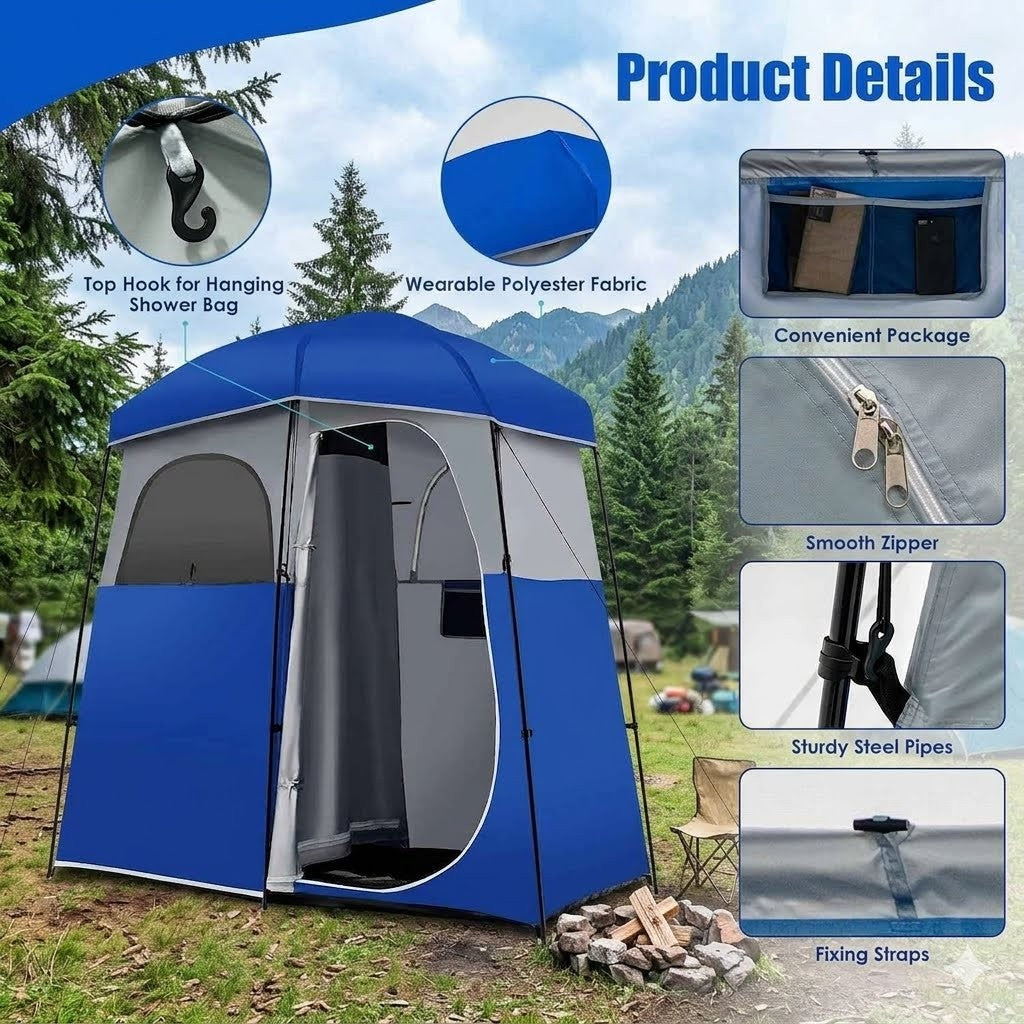 Portable shower tent with features highlighted on a camping background