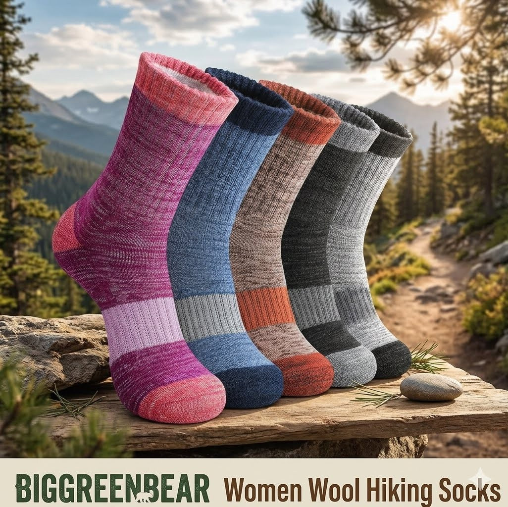 Five pairs of women's wool hiking socks in various colors on a wooden surface with a scenic background. big green bear