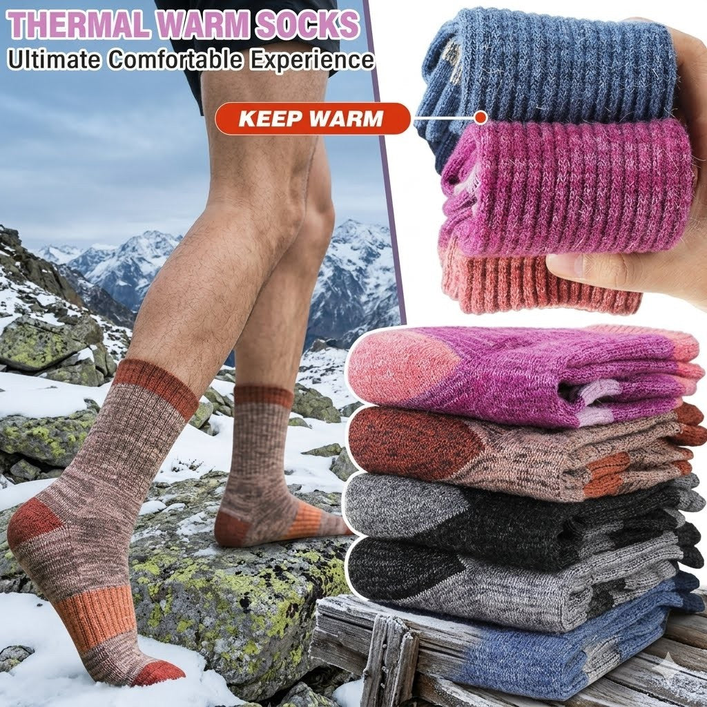 Stack of colorful thermal socks with a person wearing them in a snowy landscape.