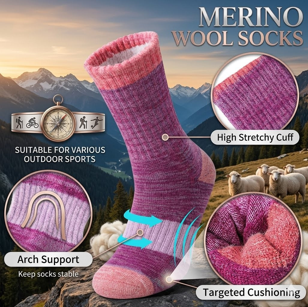 Merino wool socks with mountain and sheep background, highlighting features like arch support and targeted cushioning.