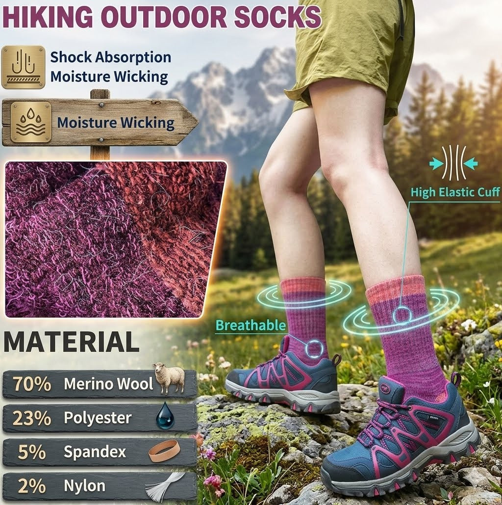 Hiking outdoor socks with features and material composition displayed against a mountainous background.