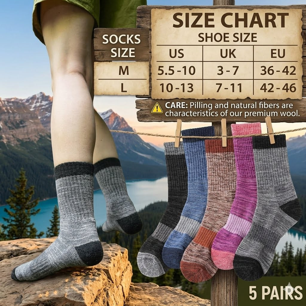Hiking socks with a size chart against a mountainous background