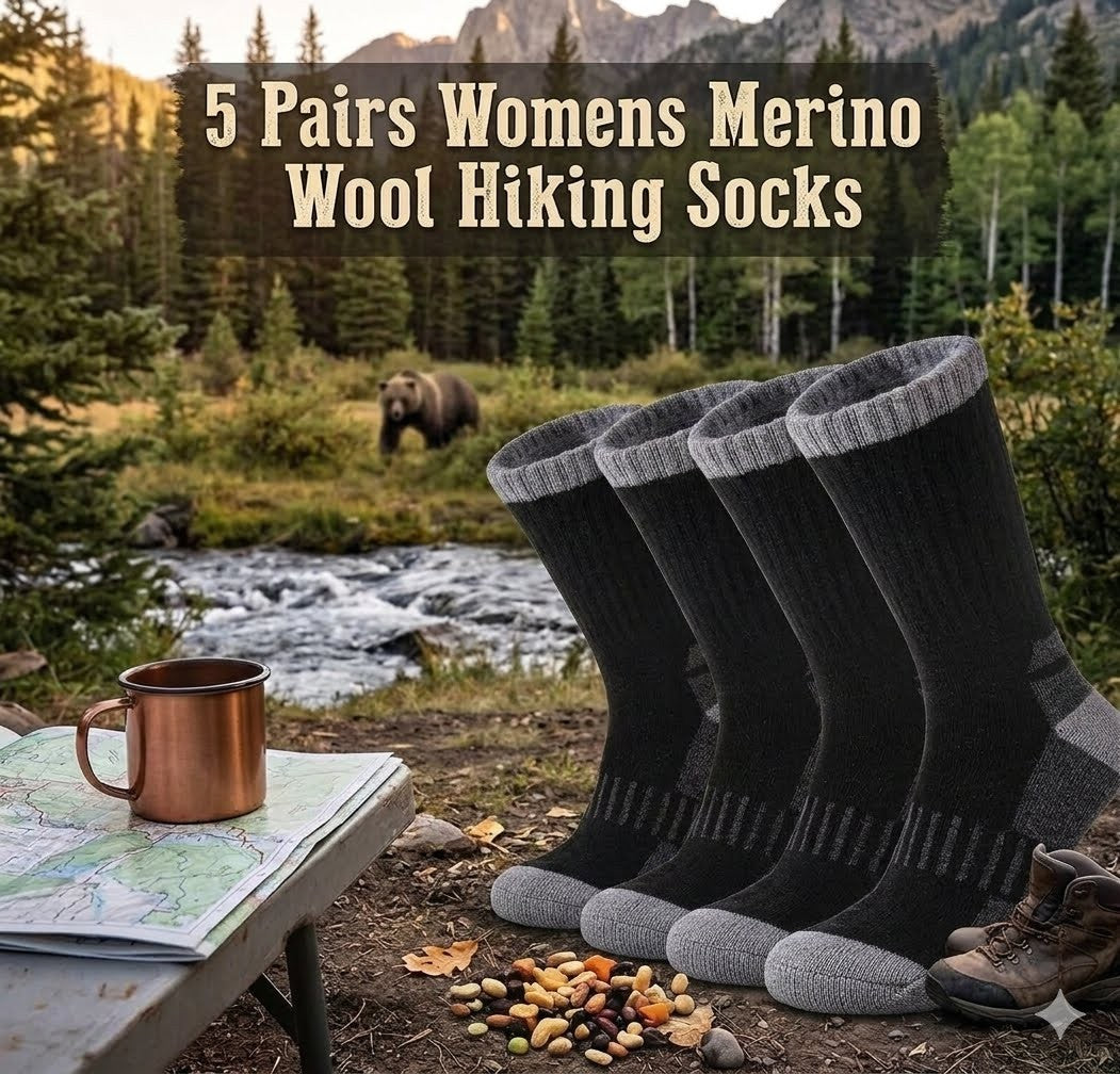 Five pairs of women's merino wool hiking socks with a scenic background of a river and mountains.