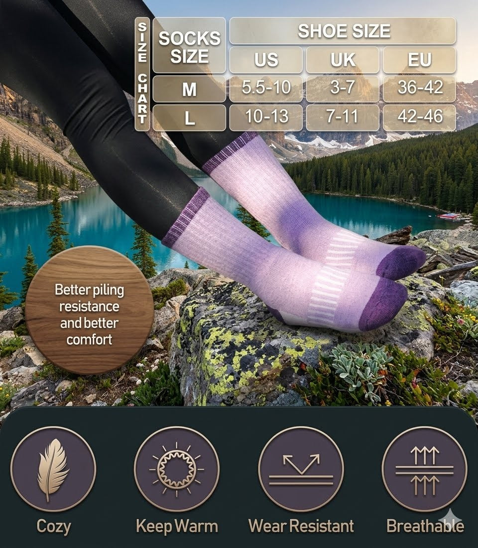Purple socks with a size chart overlay on a scenic background
