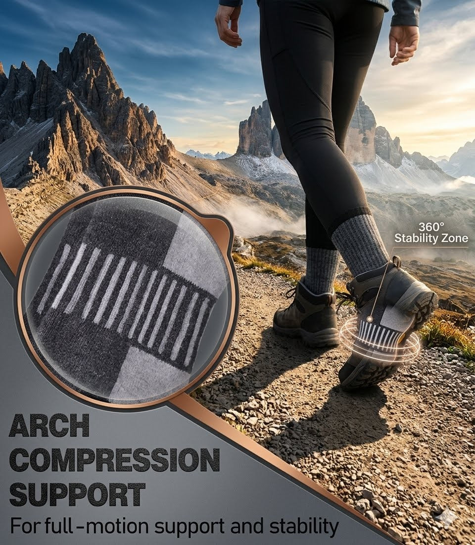 Person hiking with arch compression support socks on, mountainous landscape in the background