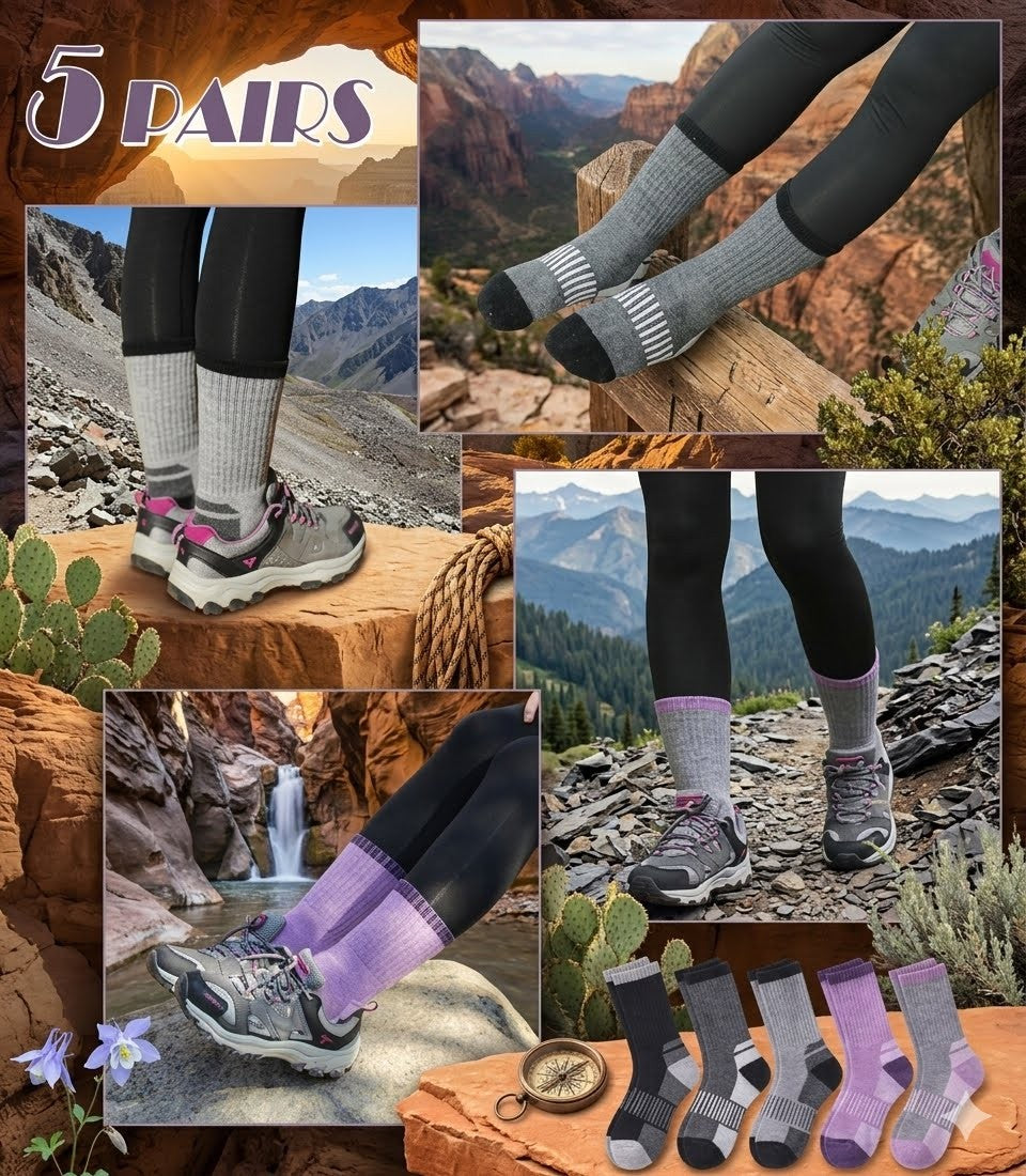 Collage of hiking socks with outdoor scenery and mountain views.